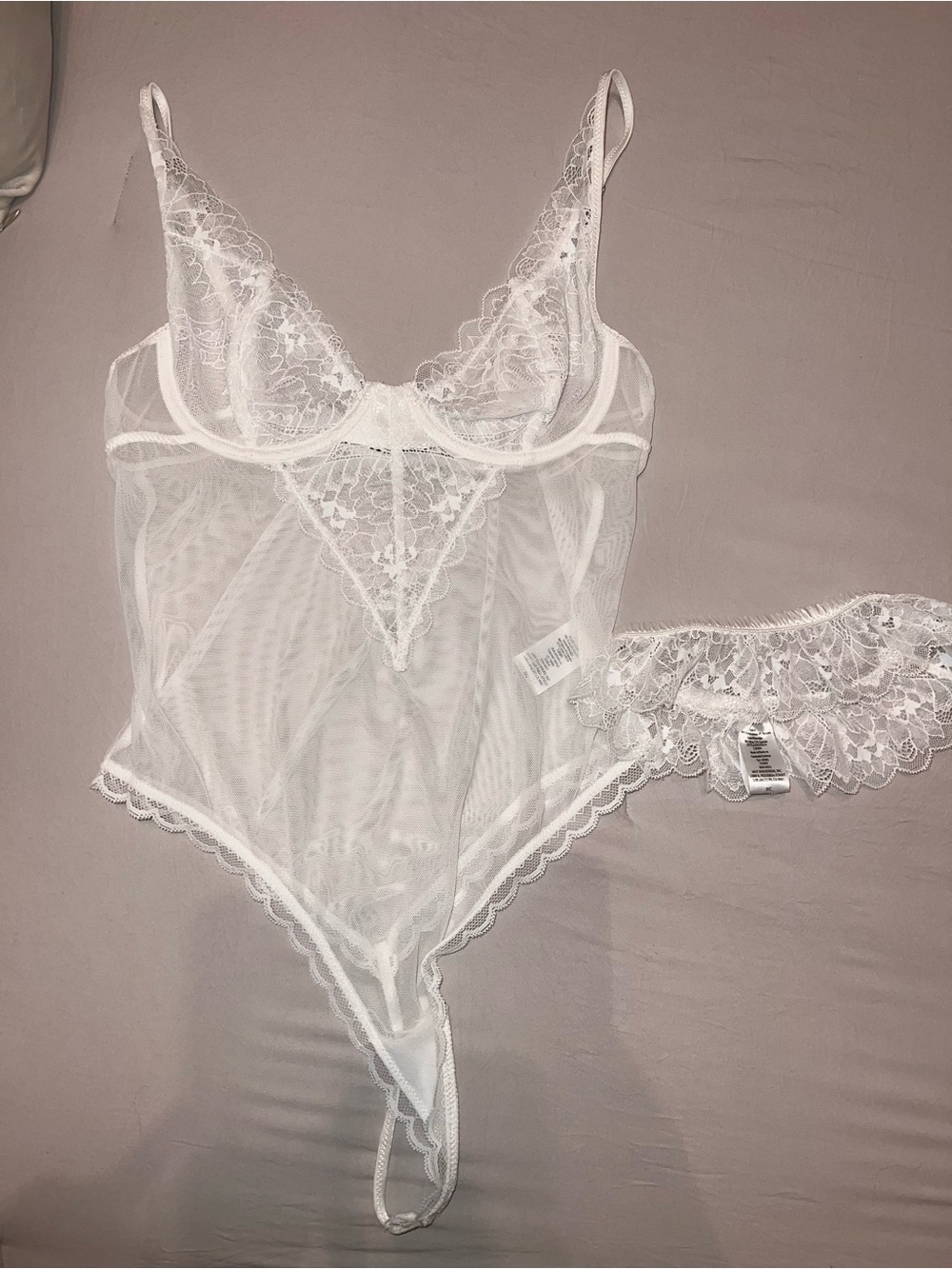 In Bloom Intimates white Bridal Sheer Lace teddy bodysuit with garter